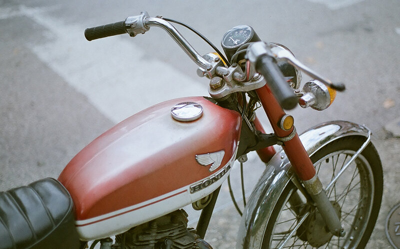 Red and White Motorcycle — Calm, Photograph, Handlebars