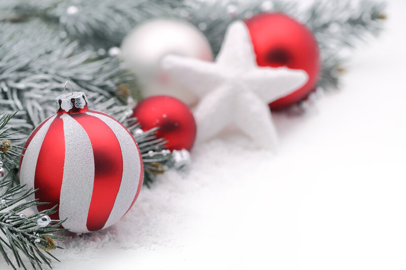 Red and White Ornaments — Festive, Winter, Photograph, Pine Branches