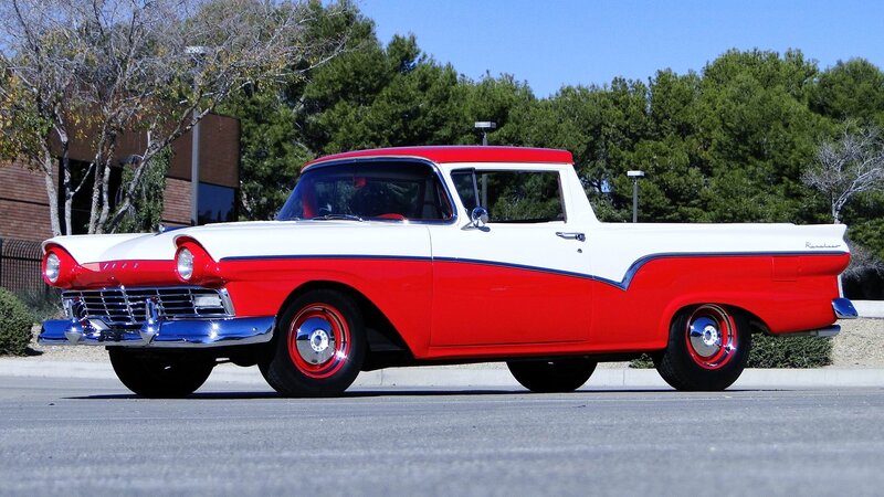 Red and White Pickup Truck — Calm, Afternoon, Photograph, Trees