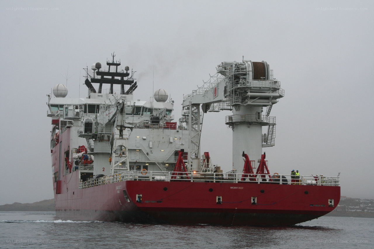 Red and white research vessel