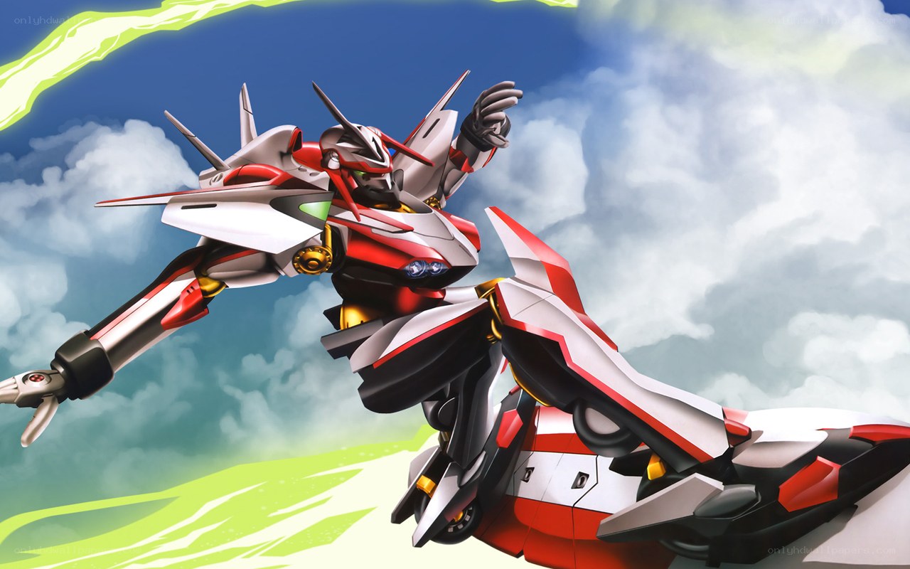 Red and white robot in flight