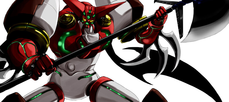 Red and white robot with weapon