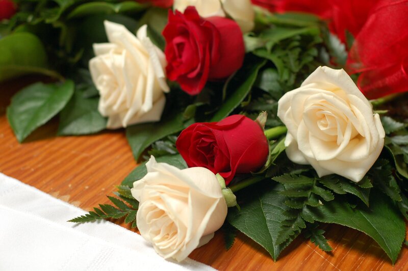 Red and White Roses — Calm, Photograph, Green Leaves, Wooden Surface