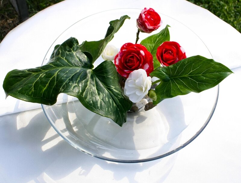 Red and White Roses in Bowl