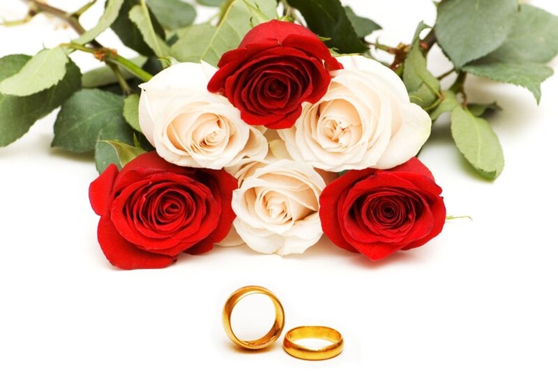 Red and White Roses — Romantic, Photograph, Wedding Rings, Green Leaves