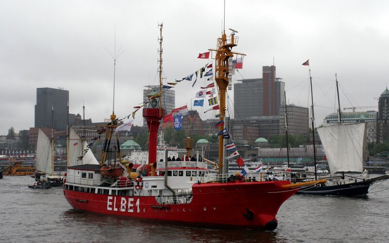 Red and White Ship — Overcast, Photograph