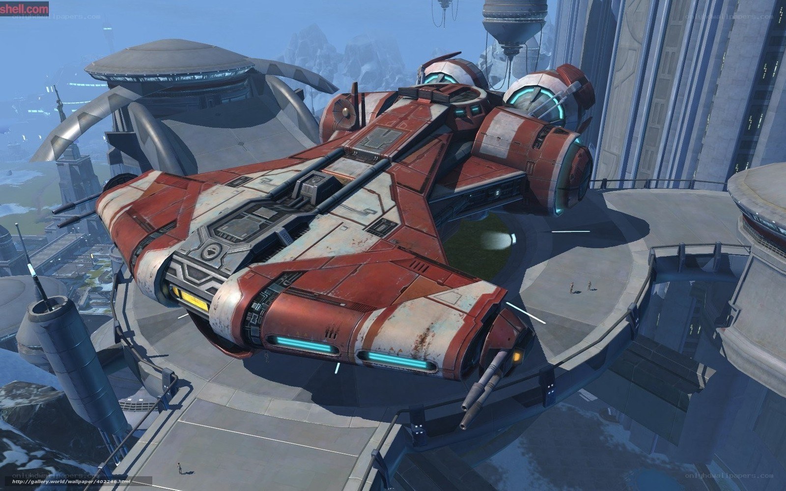 Red and white starship on platform