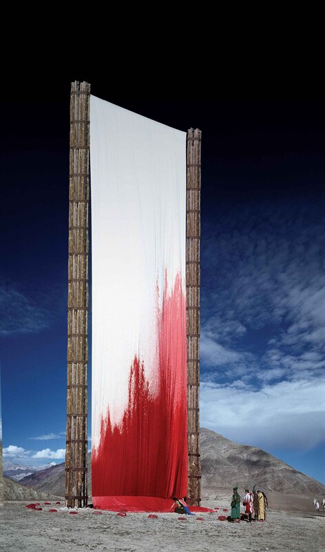 Red and white textile installation
