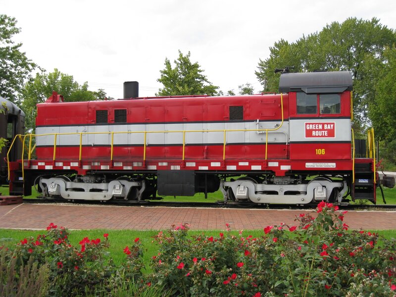 Red and white train engine