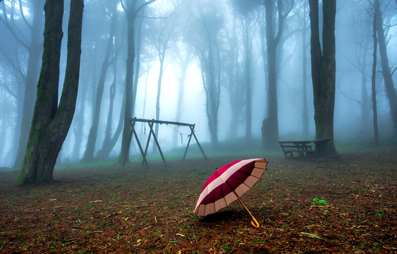 Red and White Umbrella — Brown, Misty