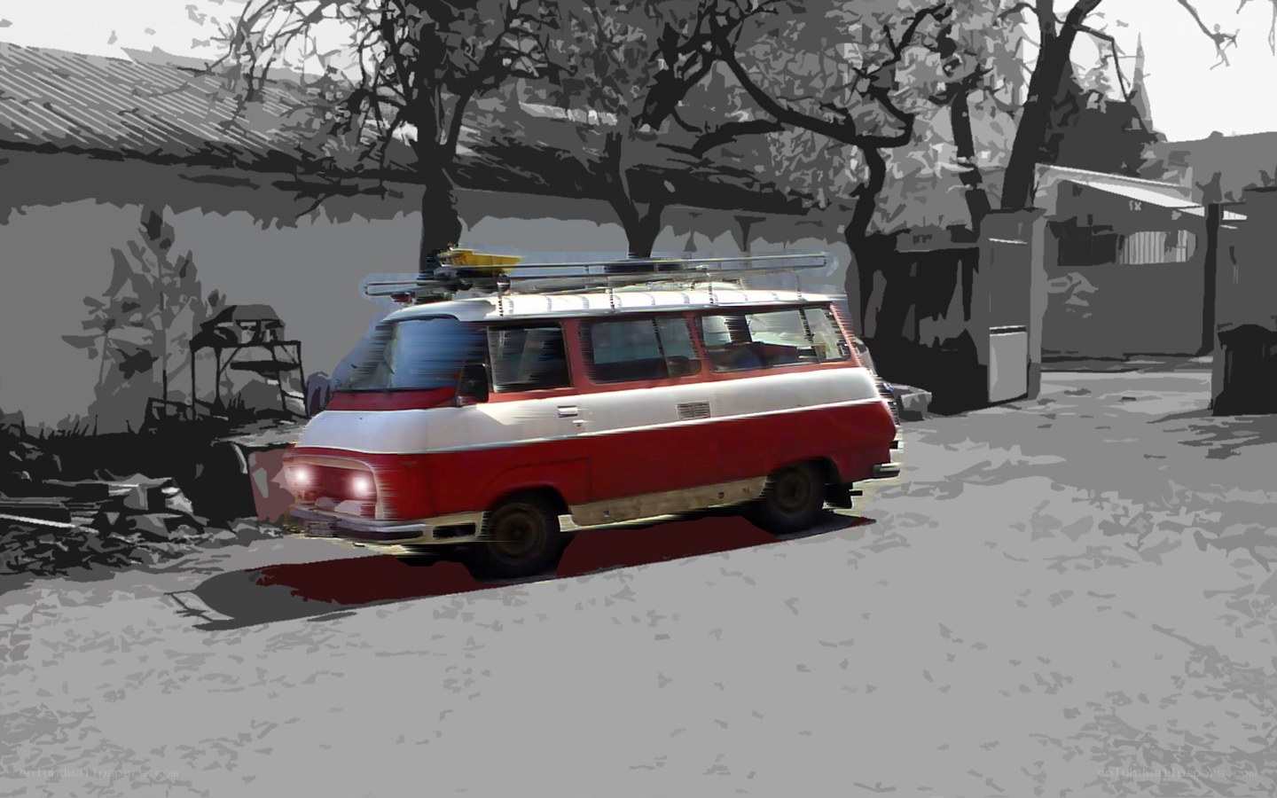 Red and white van in grayscale scene