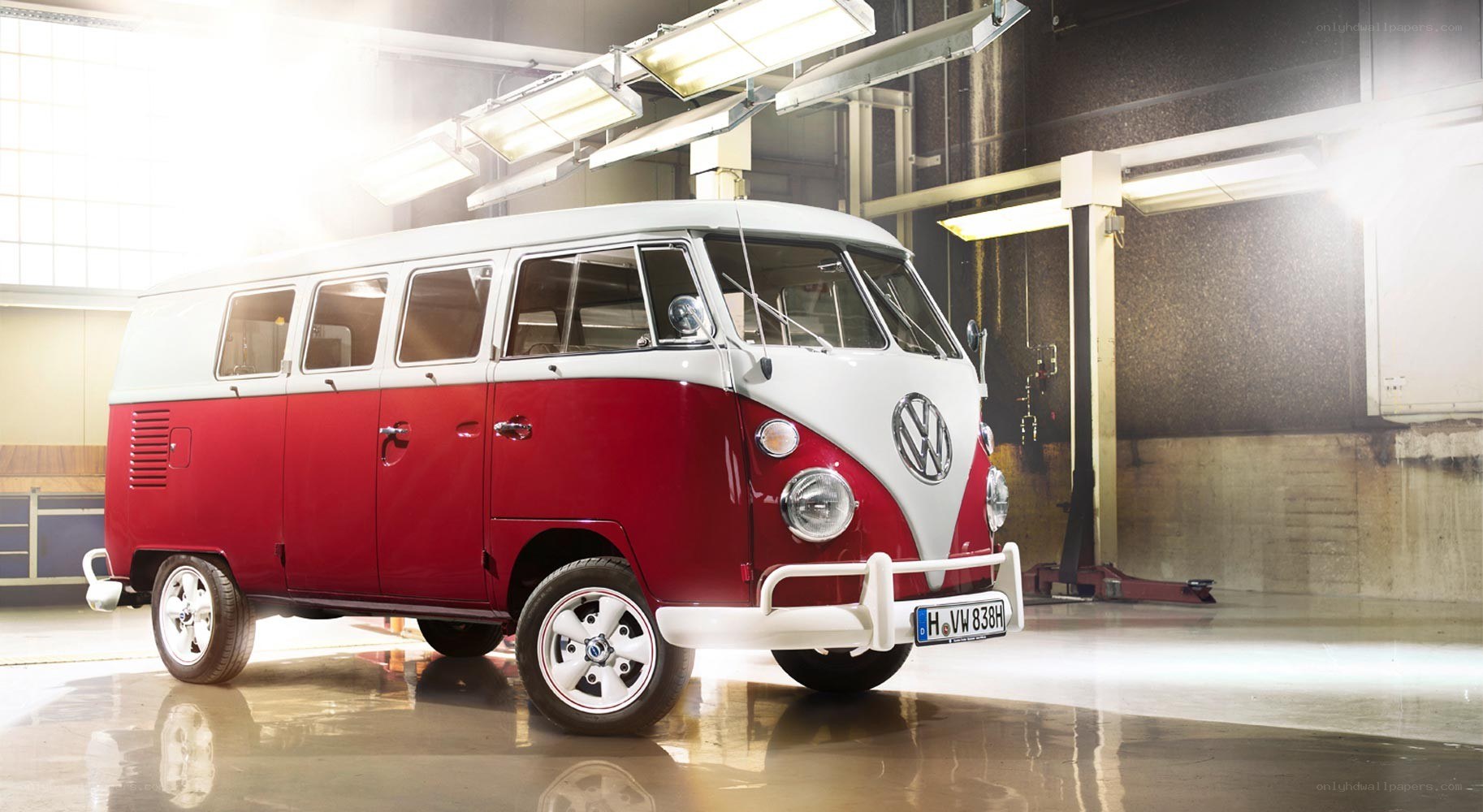Red and white VW bus