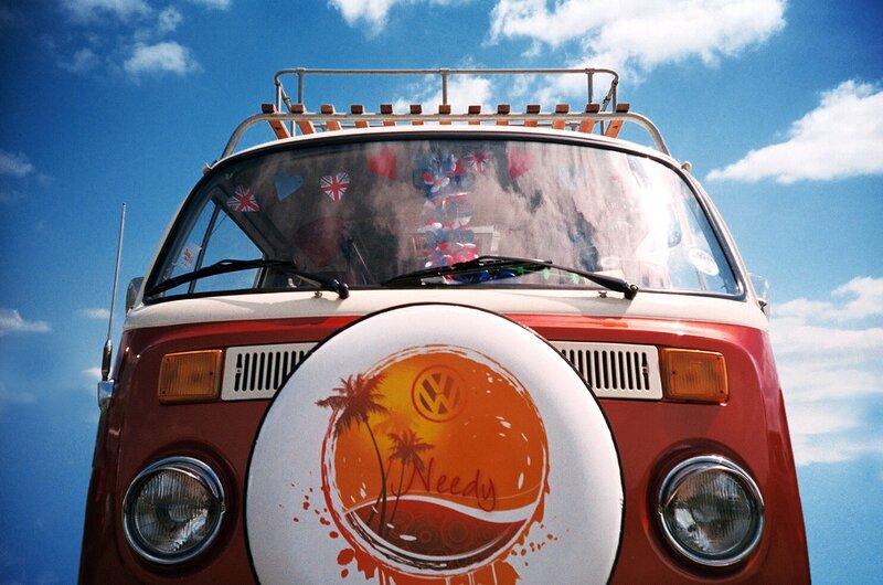 Red and white VW van