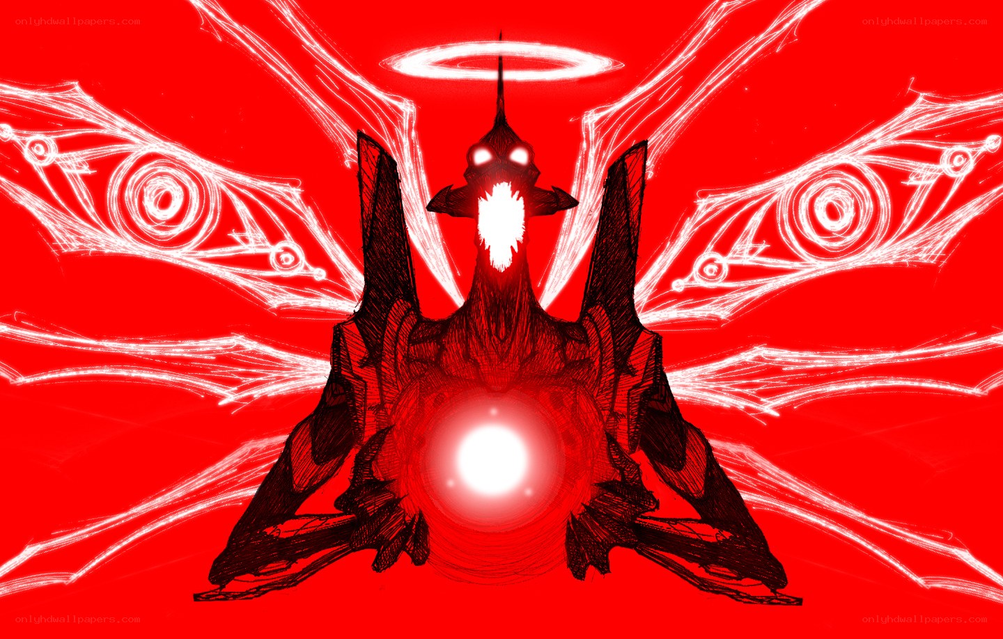 red angelic entity with glowing eyes