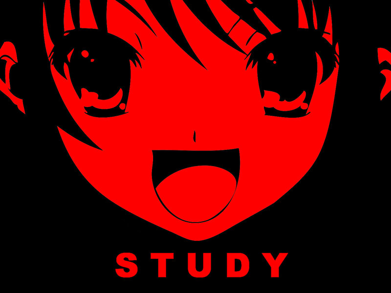 red anime face with study text