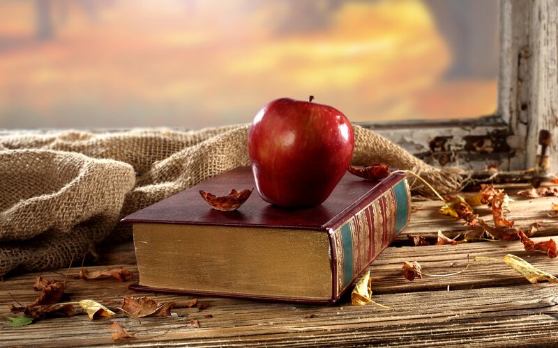 Red Apple on Book — Serene, Autumn, Photograph