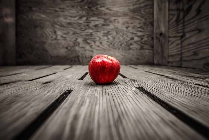 Red Apple on Wood — Dramatic, Photograph