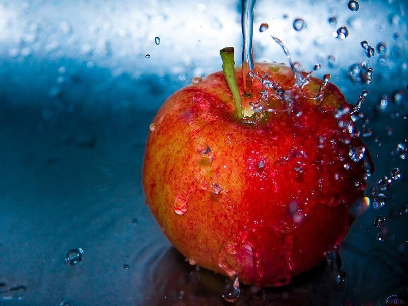 Red Apple under Water — Dynamic, Photograph, Stem