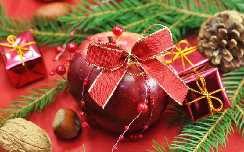 Red Apple with Bow — Festive, Winter