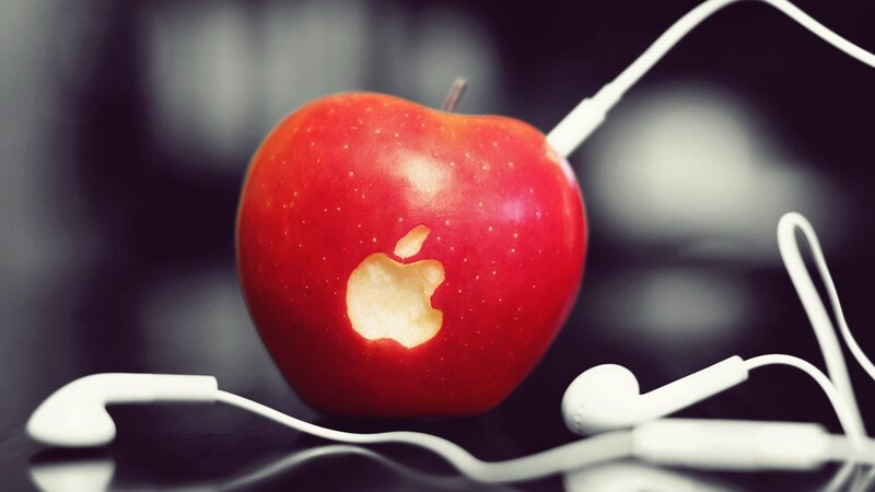 Red Apple with Earbuds — Dramatic, Photograph