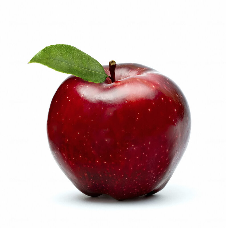 red apple with green leaf