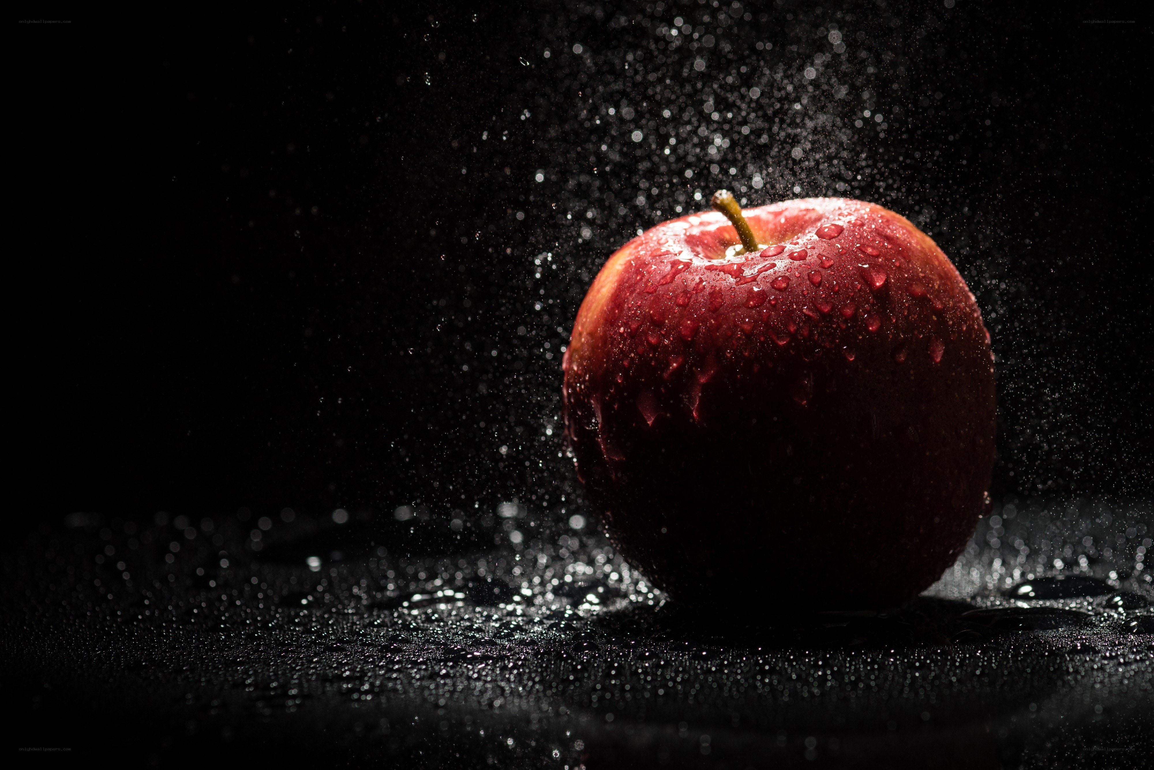 Red apple with water droplets