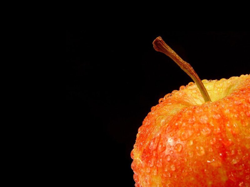 Red Apple with Water Droplets — Dramatic, Photograph, Stem