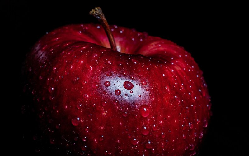 Red Apple with Water Droplets — Dramatic, Photograph, Stem, Water Droplets, Dark Background