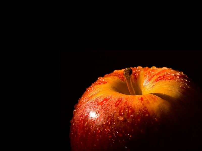 Red Apple with Water Droplets — Dramatic, Photograph, Stem, Water Droplets