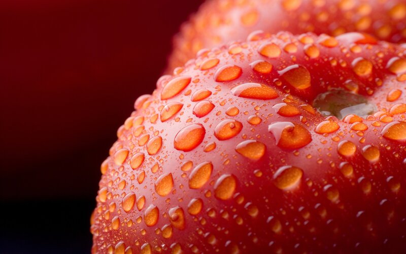 Red Apple with Water Droplets — Dramatic, Photograph, Water Droplets, Fruit, Stem