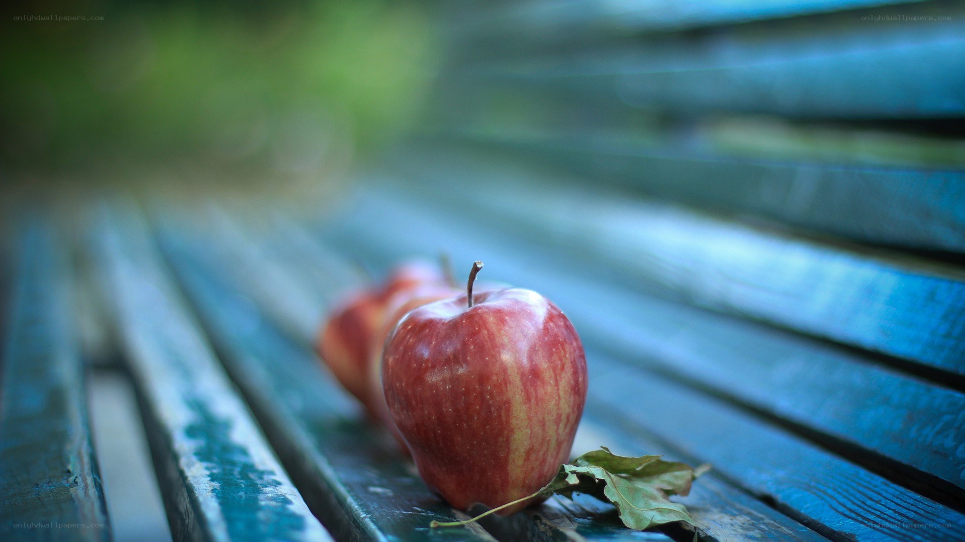 Red apples on a bench