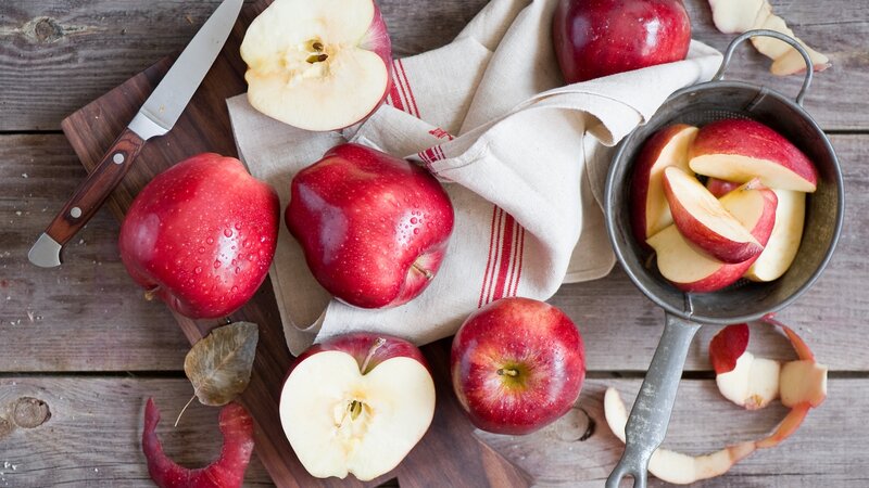 Red Apples on Wood — Calm, Photograph, Knife