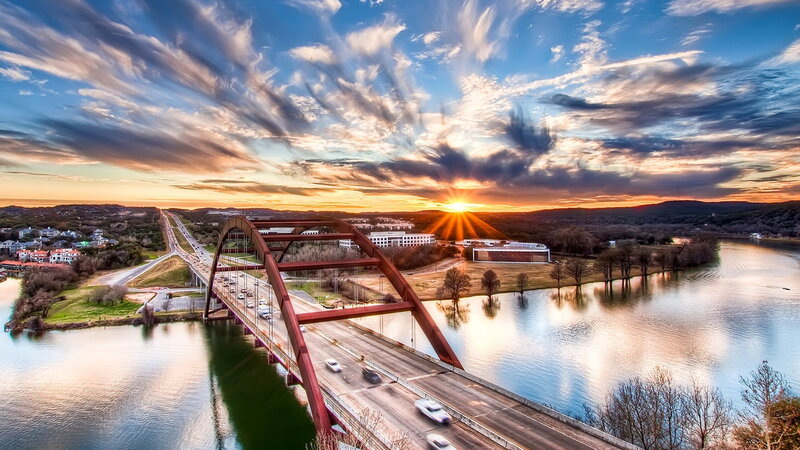 Red Arch Bridge at Sunset — Blue