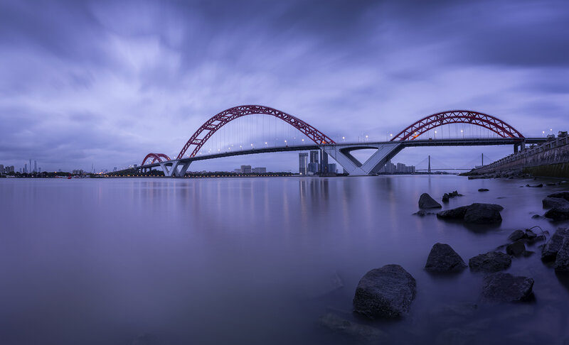 Red Arch Bridge — Blue, Serene, Night