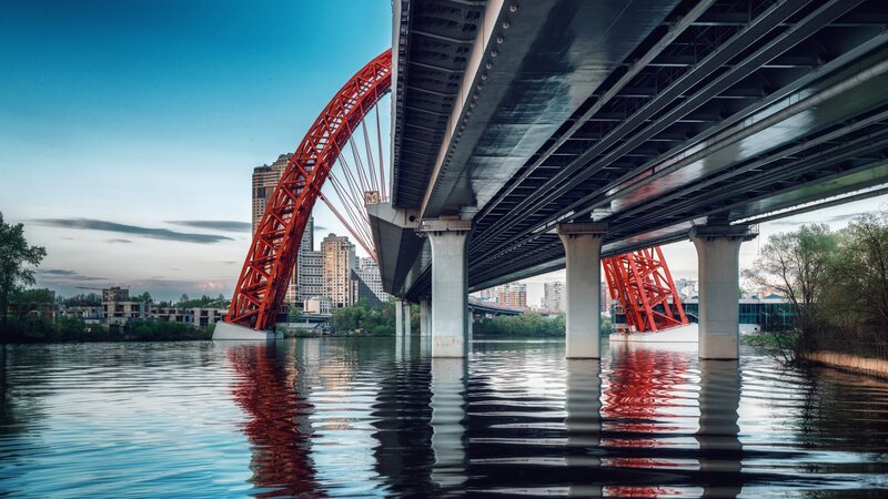 Red Arch Bridge — Blue, Serene, Sunset