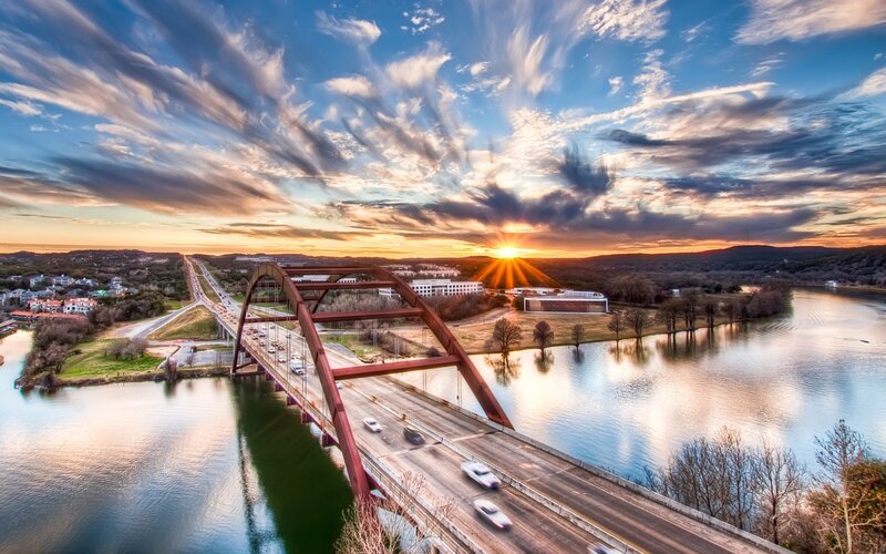 Red Arch Bridge over River — Blue, Dramatic, Sunset