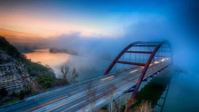 Red Arch Bridge over River — Blue, Serene