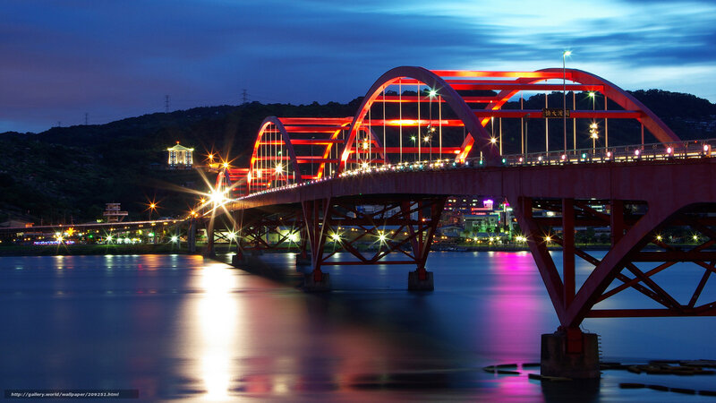 Red Arched Bridge at Night — Blue, Serene, Photograph, River