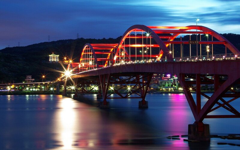 Red Arched Bridge at Night — Blue, Serene