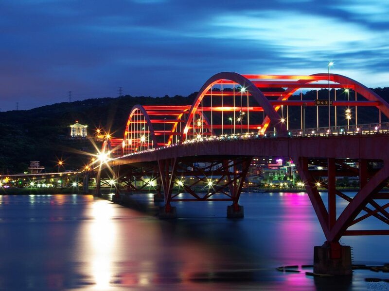 Red Arched Bridge at Night — Blue