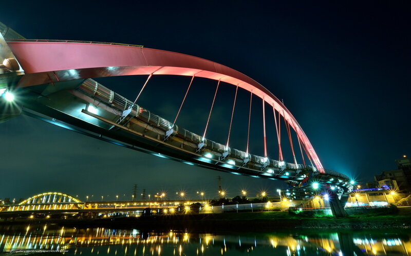 Red Arched Bridge at Night — Dramatic, Photograph