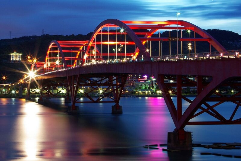 Red Arched Bridge at Night — Dramatic