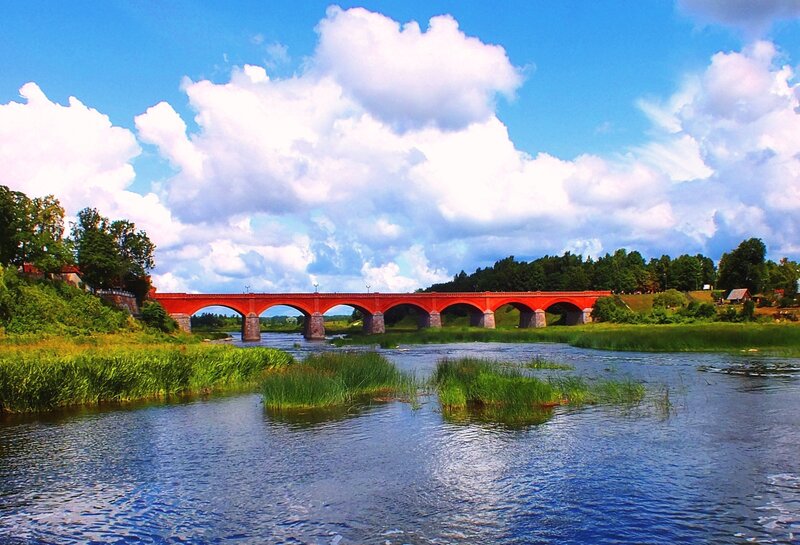 Red Arched Bridge — Blue, Serene, Afternoon