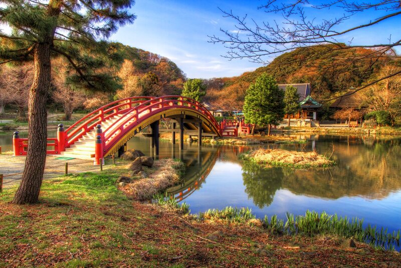 Red Arched Bridge — Blue, Serene
