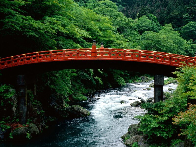Red Arched Bridge — Green, Serene, Afternoon