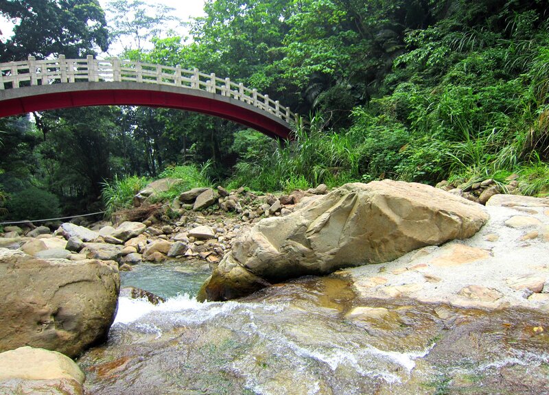 Red Arched Bridge over Stream