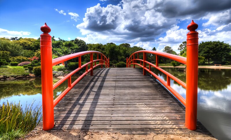 Red Arched Bridge — Serene, Afternoon, Photograph, Pond