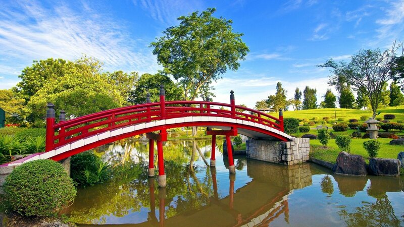 Red Arched Bridge — Serene, Afternoon, Photograph, Pond, Trees