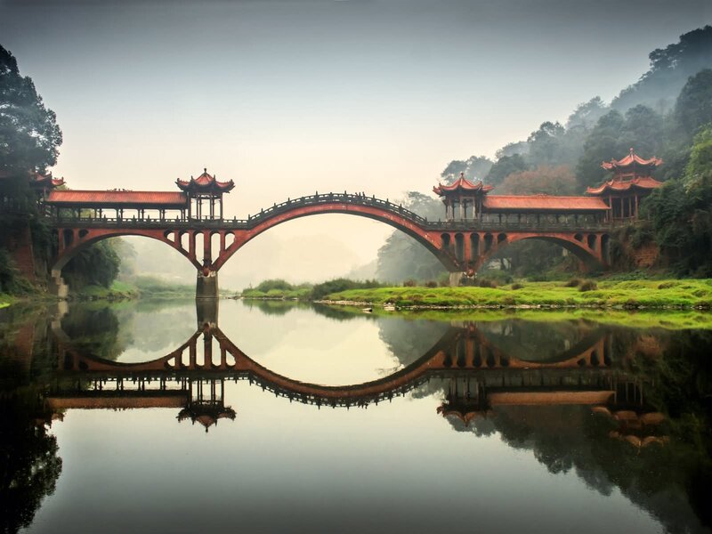 Red Arched Bridge — Serene, Morning
