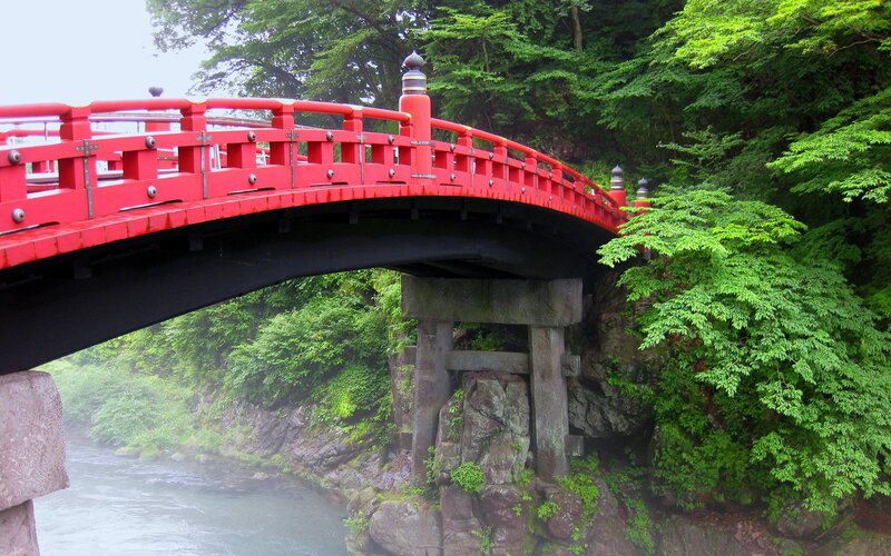 Red Arched Bridge — Serene, Photograph, River, Trees